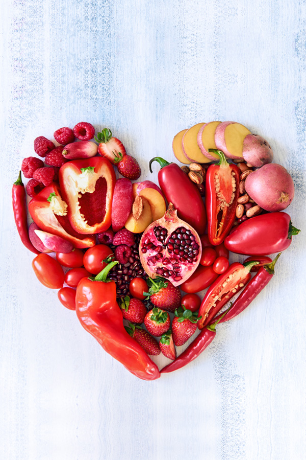 Red veggies and fruit in a heart Red veggies and fruit in a heart