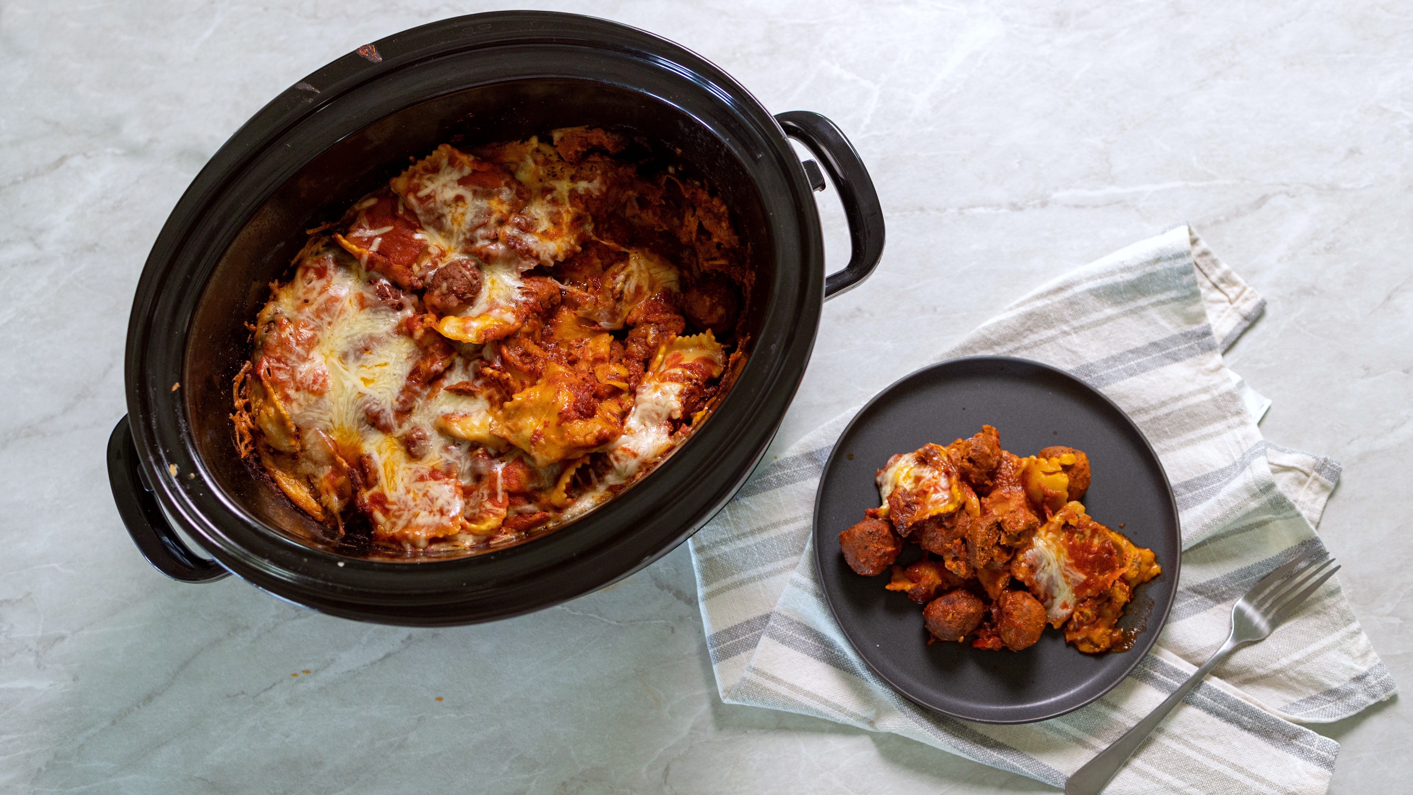 Slow Cooker Meatball Ravioli Casserole